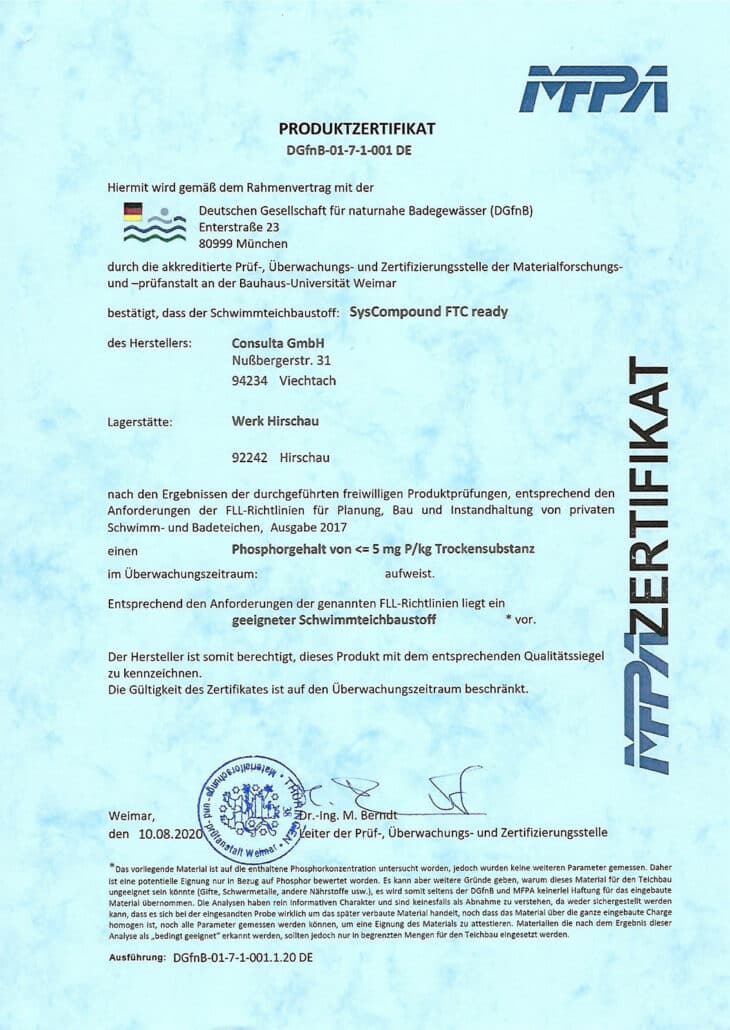 SysC FTC r Zertifikat Schwimmteichbaustoff 2 3c